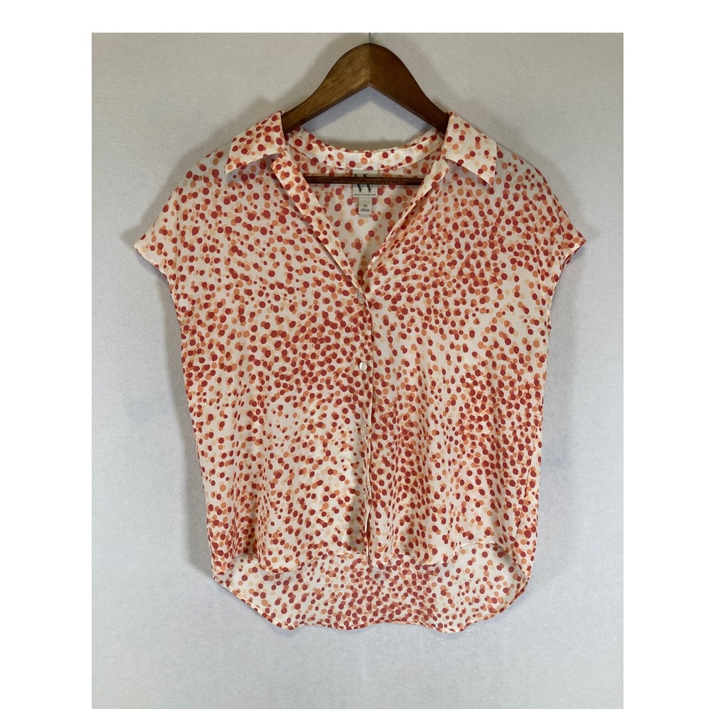 Business Casual Worthington Women XS Orange Polka Dot Cap Slv Button Up Blouse